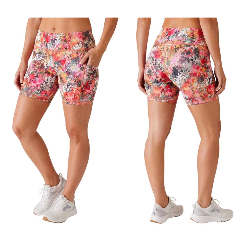 Athleta Salutation Stash Pocket 5" Floral Print Bike Shorts, Watercolor, Large